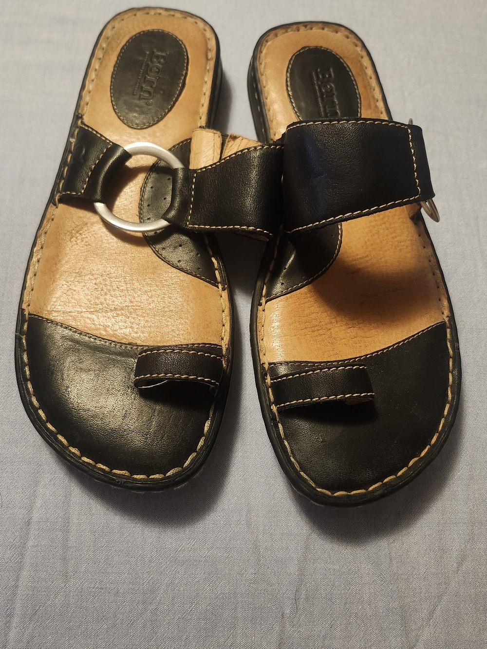 Born Women's Black and Tan Slide Sandals with Ring Accent